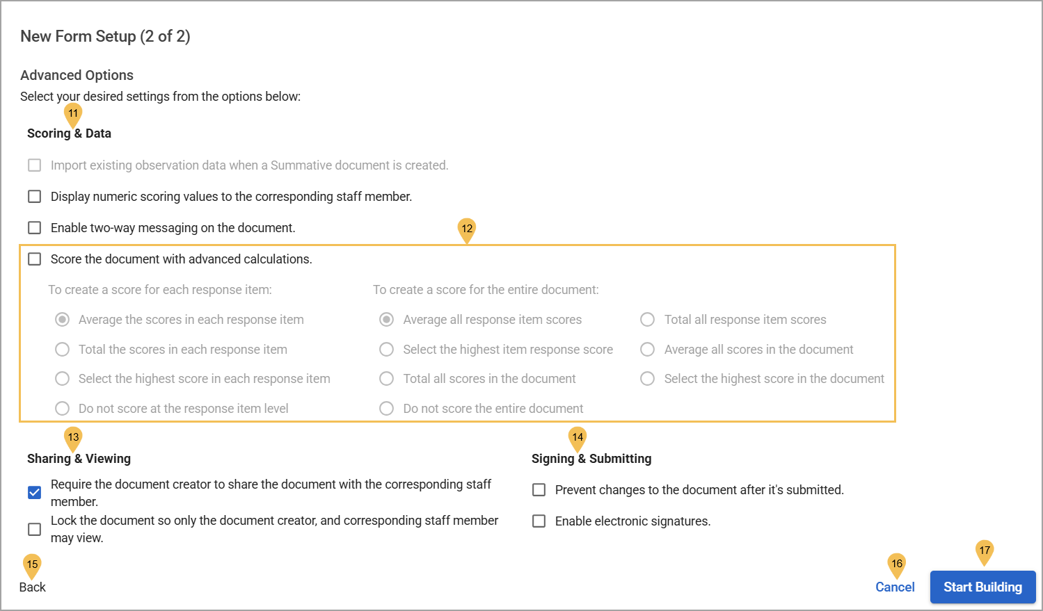 Advanced Options for scoring and data, sharing and viewing, and signing and submitting for a form.